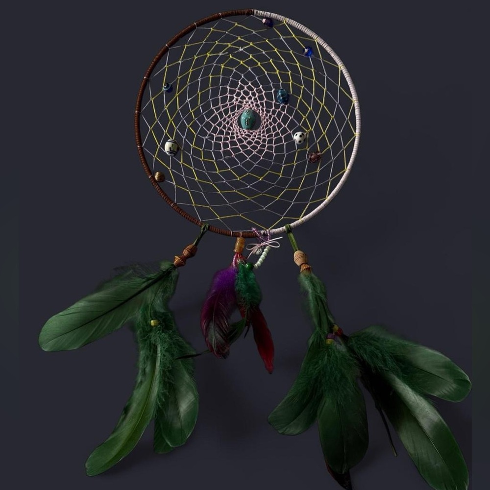 Elegant Multicolor Dreamcatcher with Green Feathers